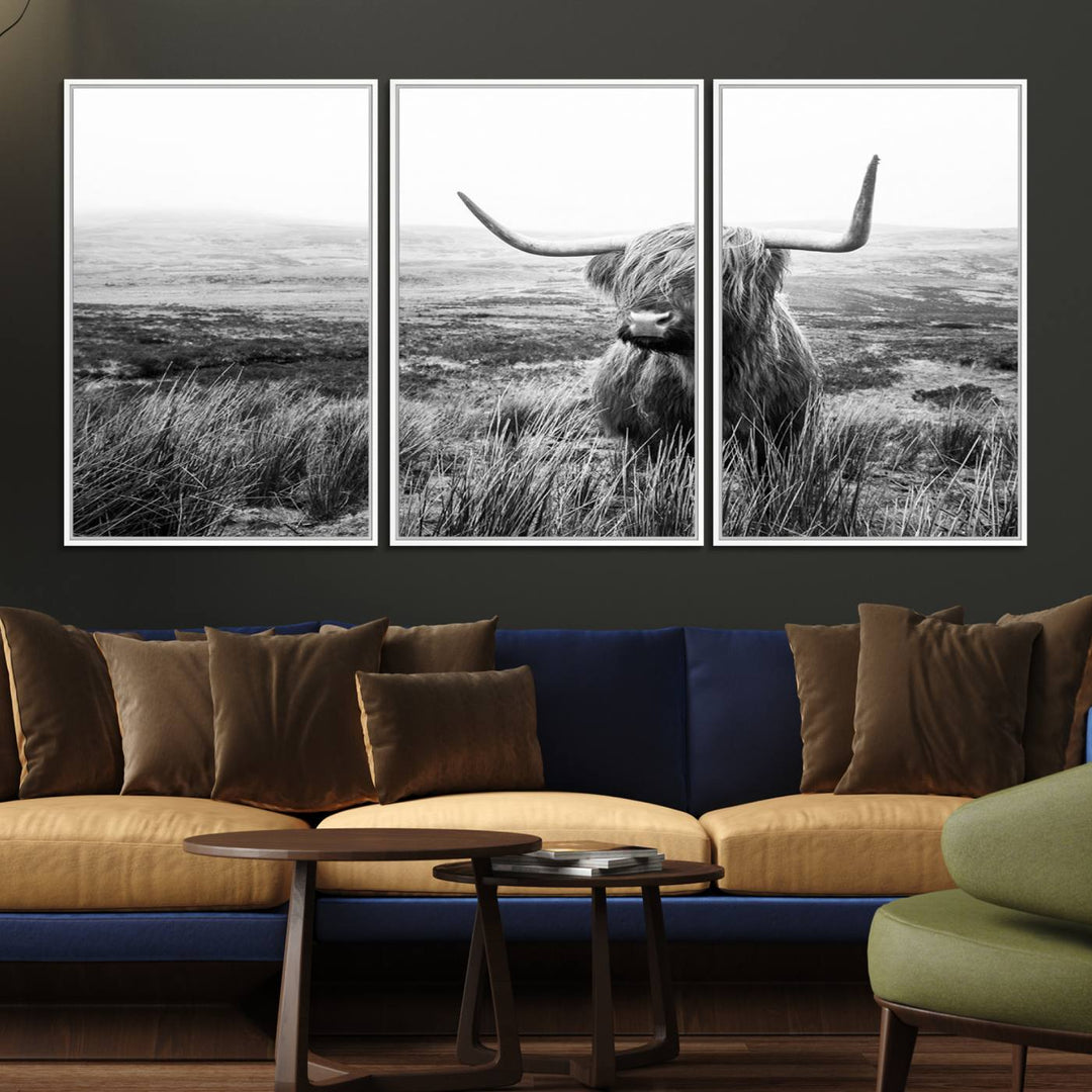 The Scottish Highland Cow black and white canvas print adds rustic farmhouse charm to any wall.