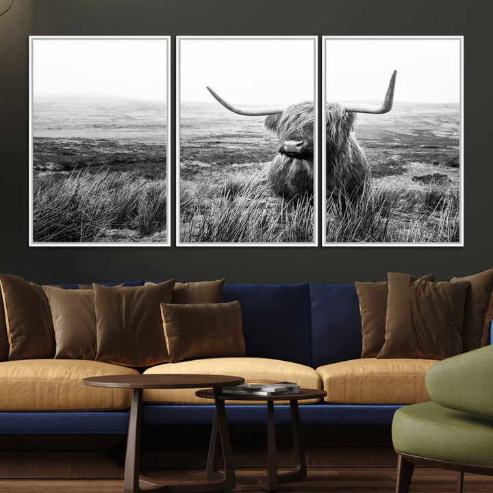 The Scottish Highland Cow black and white canvas print adds rustic farmhouse charm to any wall.