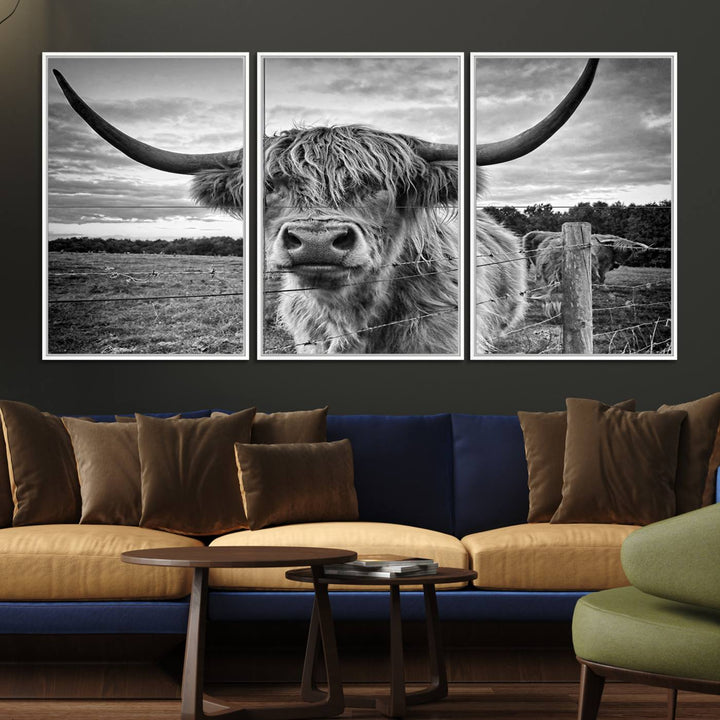 The Scottish Highland Cow Wall Art Canvas Print is ready to hang and framed, adding rustic farmhouse decor to your wall.