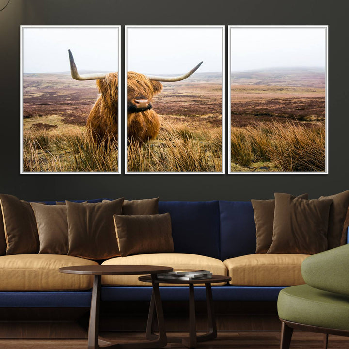 The Scottish Highland Cow Wall Art is perfect for rustic farmhouse decor, featuring misty moorland hues.