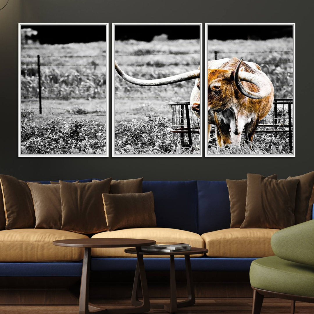 Majestic Texas Longhorn Cow Wall Art features a ready-to-hang canvas print that complements rustic farmhouse décor.