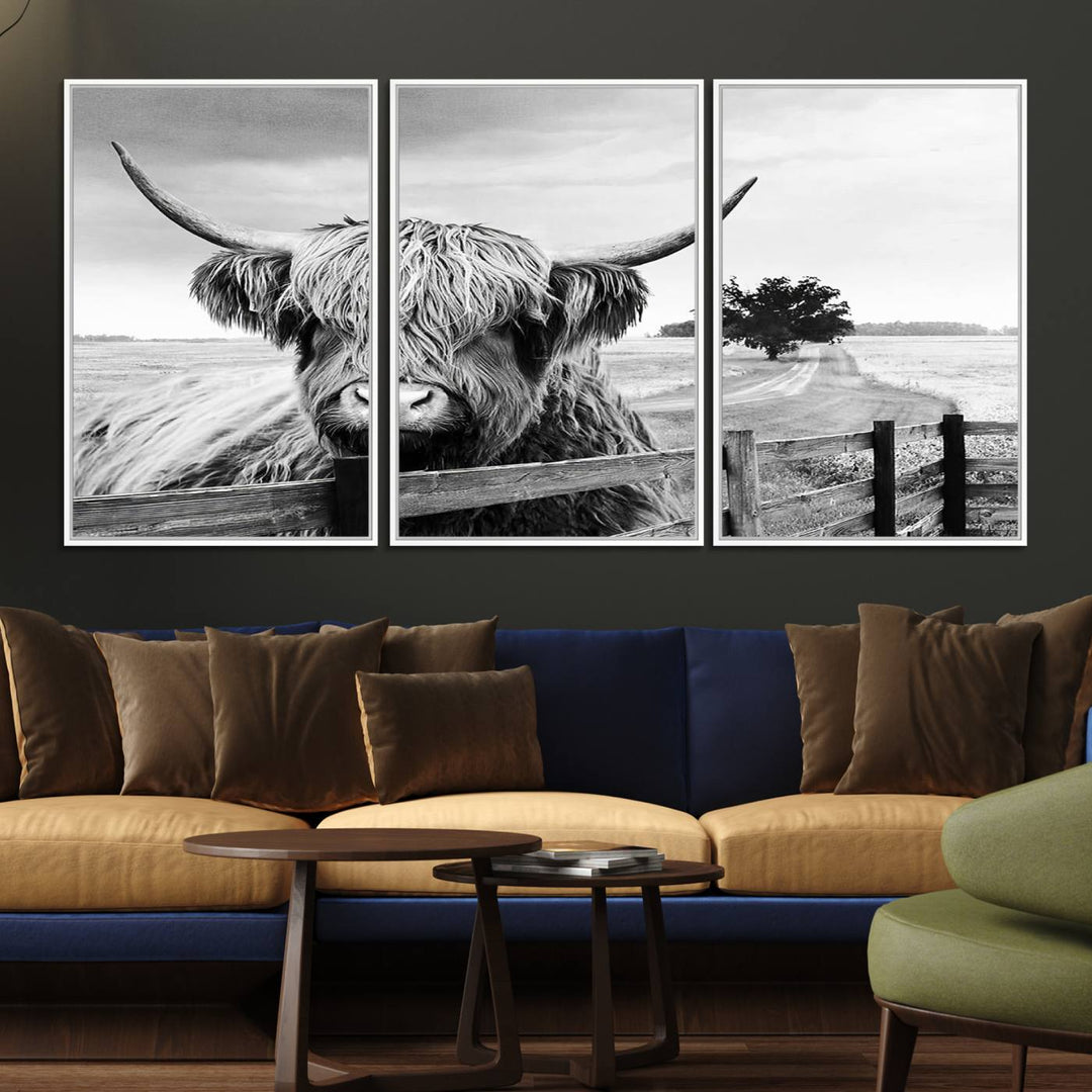 The Scottish Highland Cow Wall Art, a black and white canvas print, enhances rustic farmhouse décor.