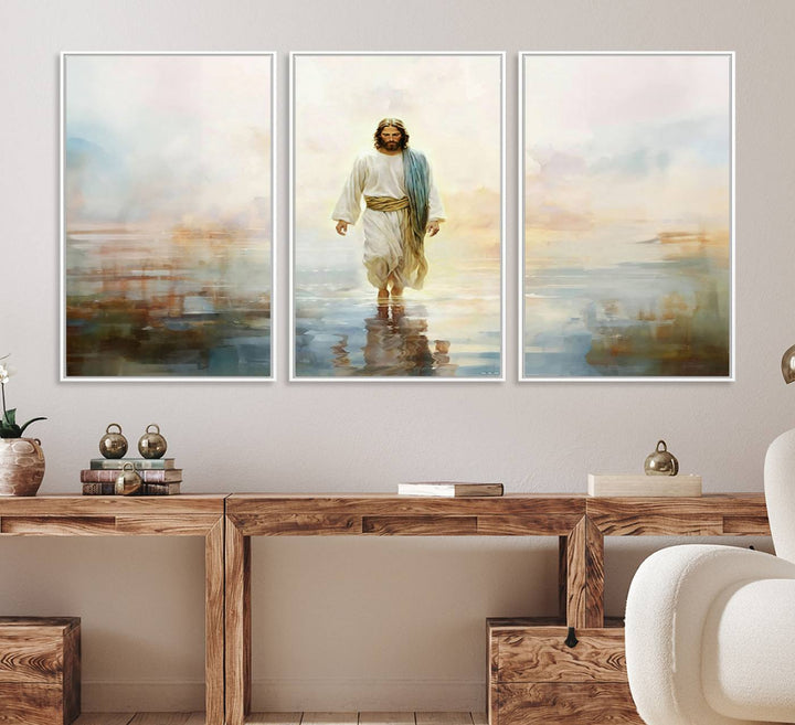 The 3-panel Framed Jesus Walking on Water Wall Art showcases a serene religious scene.