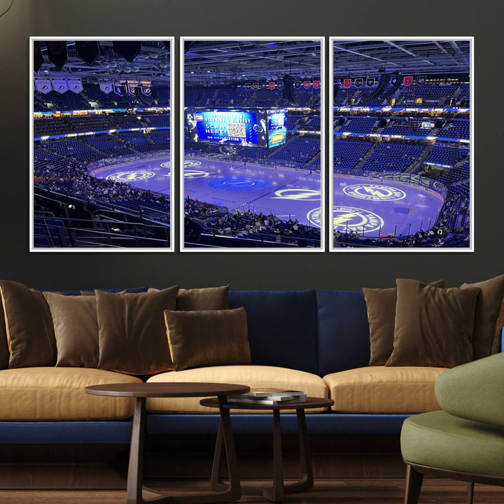 The wall art canvas print at Amalie Arena features team logos on ice, encapsulating the vibrant atmosphere of an NHL hockey stadium.