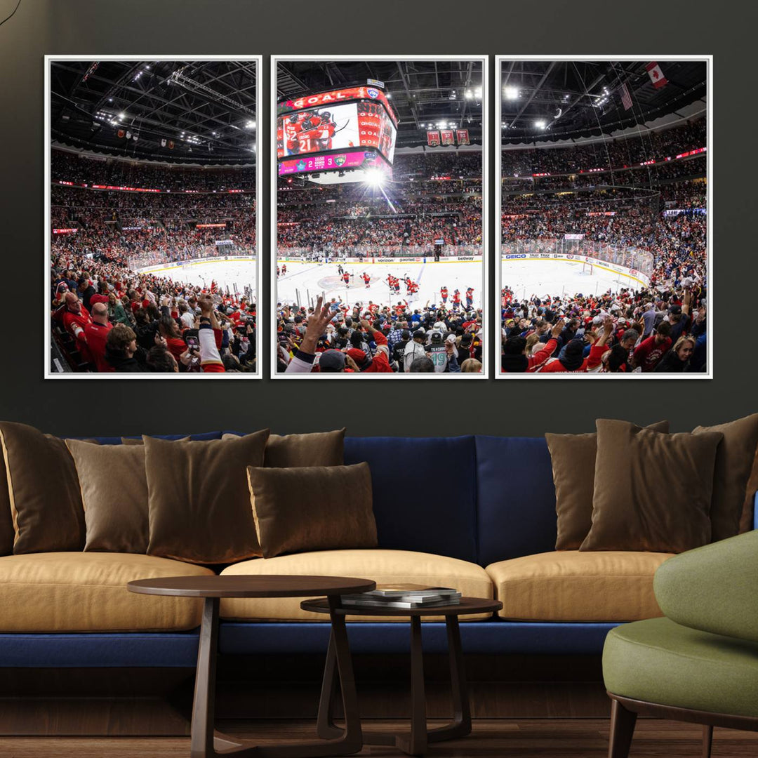 The wall art, a high-quality basketball arena canvas, evokes the excitement of fans cheering at the Amerant Bank Arena.