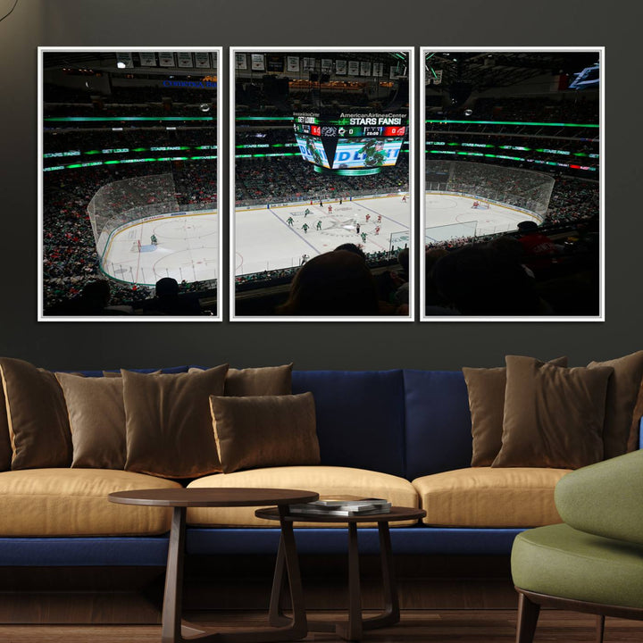 The Dallas Stars Wall Art Canvas Print is as clear as the scoreboard stats at a hockey game in a large arena with bright lights.