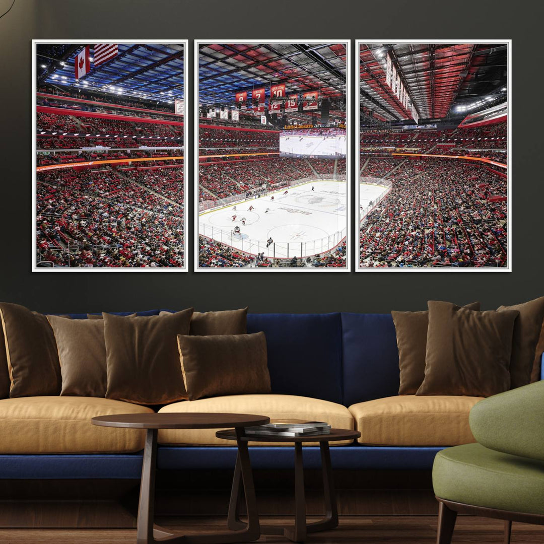 A Barton Malow canvas depicting Little Caesars Arena from above is beautifully printed in high resolution for your wall.