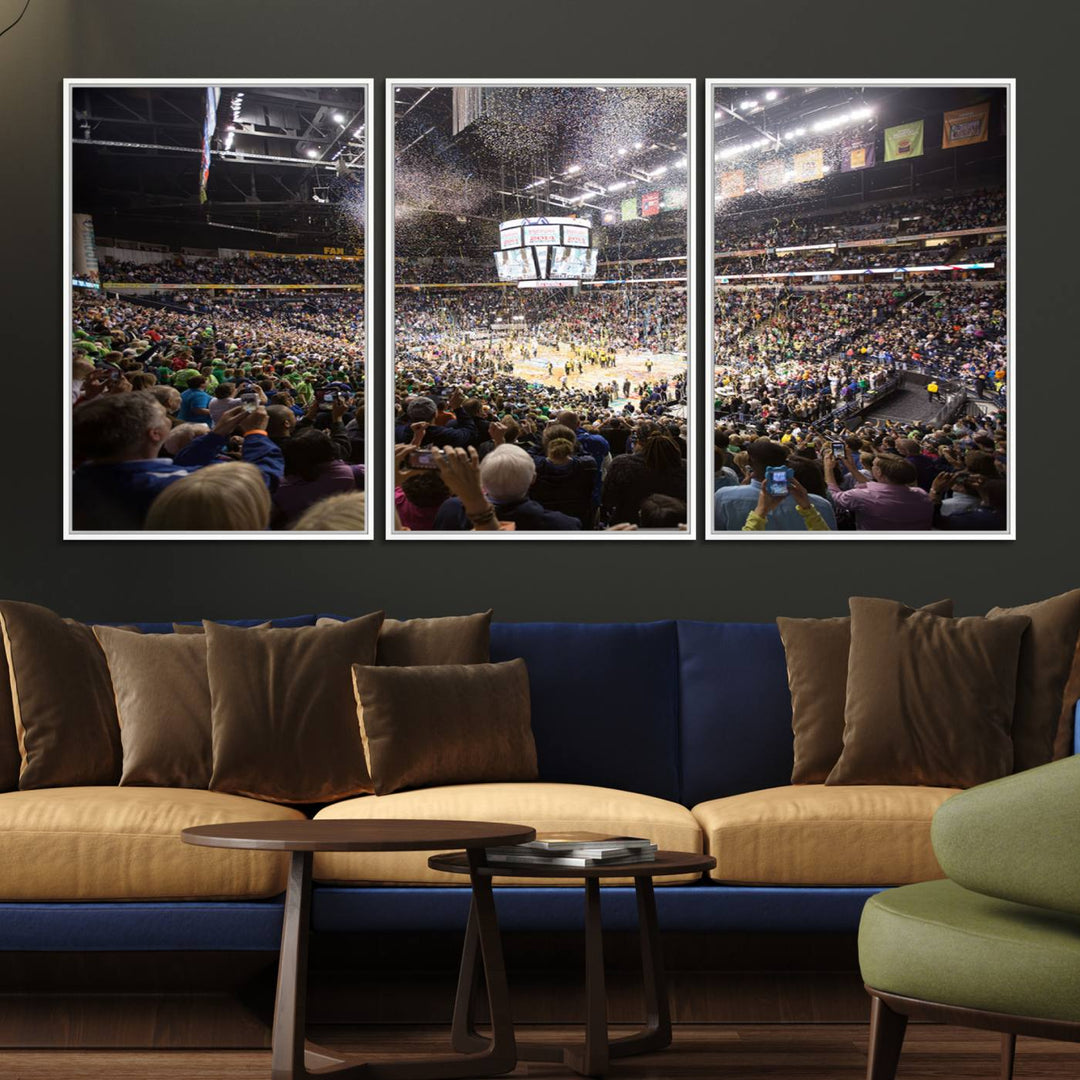 Our ready-to-hang canvas print captures the vibrant scene of the Bridgestone Arena illuminated with fans and confetti.