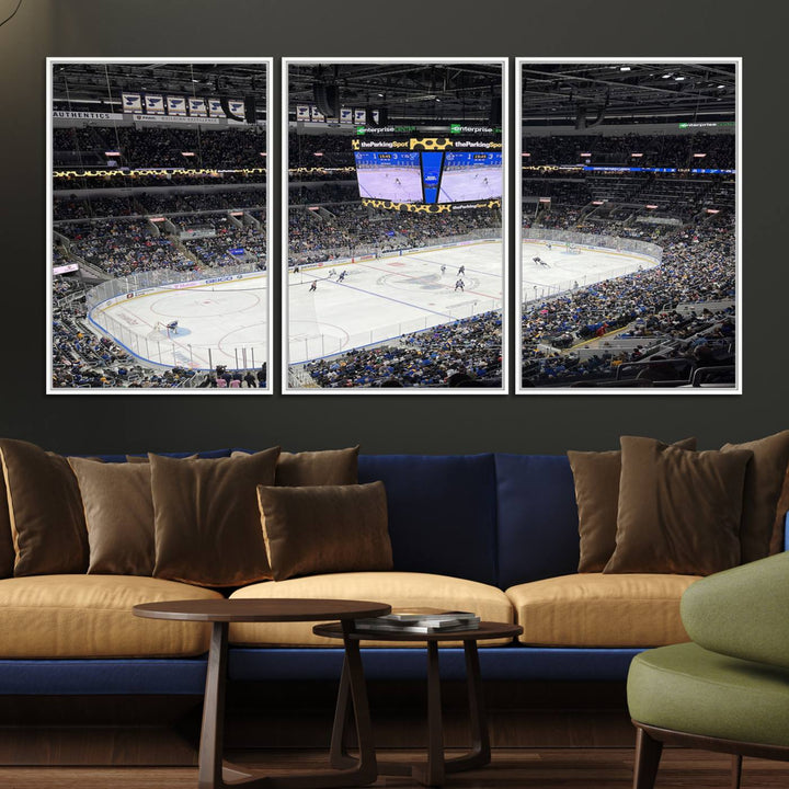 A large Enterprise Center canvas of a crowded hockey arena hangs prominently.