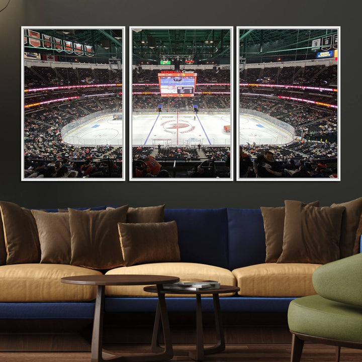 The wall art of the Honda Center California Anaheim Ducks Ice Hockey Stadium features a depiction of the rink and scoreboard from the perspective of the upper deck.