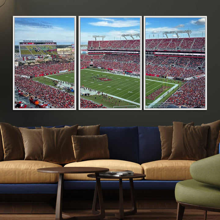 The Florida Tampa Raymond James Stadium Wall Art Canvas Print is featured above the cabinet.