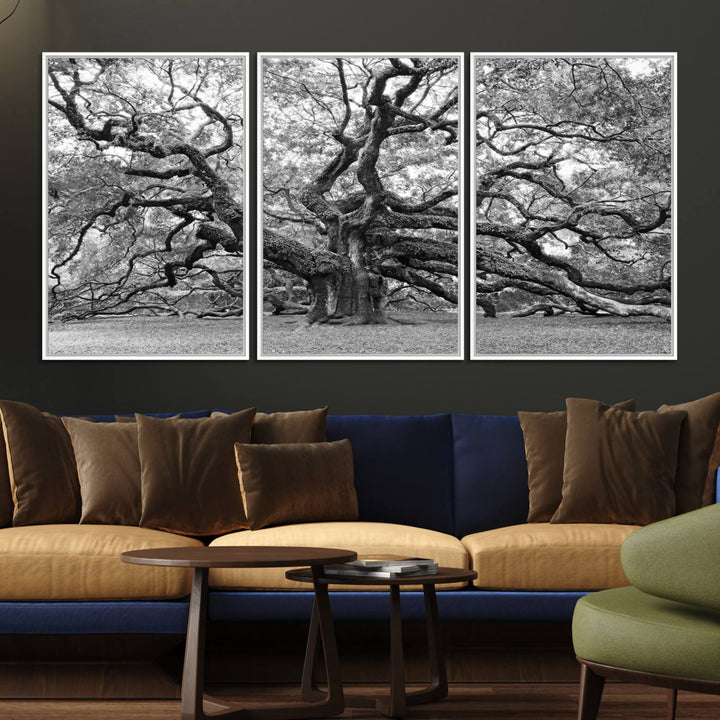 The Black White Angel Oak Tree wall art adds timeless, nature-inspired decor.