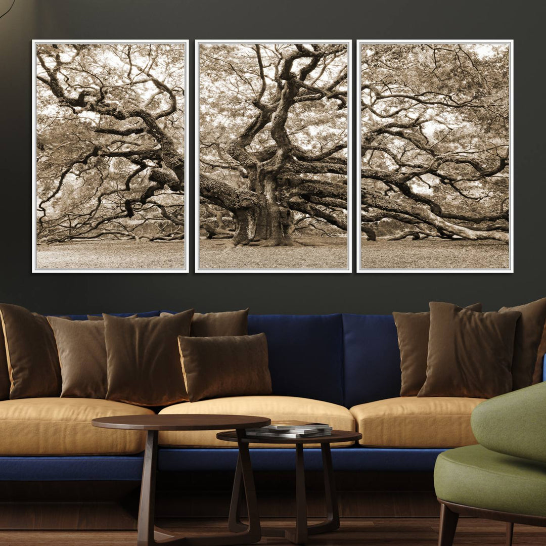 Displayed on the wall is a Sepia-framed Angel Oak Tree 3-panel canvas.