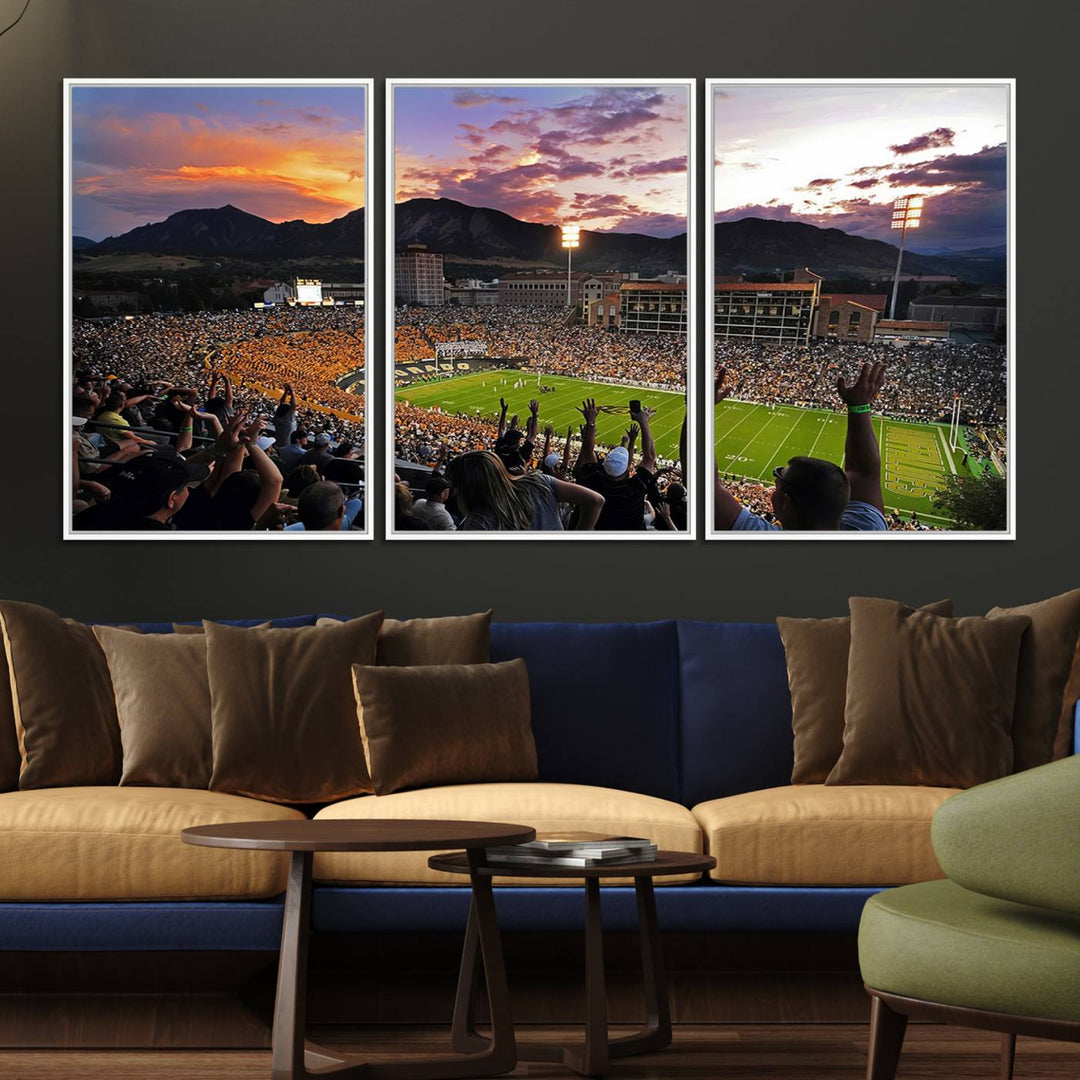 The Folsom Field Stadium Print beautifully captures the Colorado Buffaloes stadium at sunset, set against a stunning mountain backdrop.