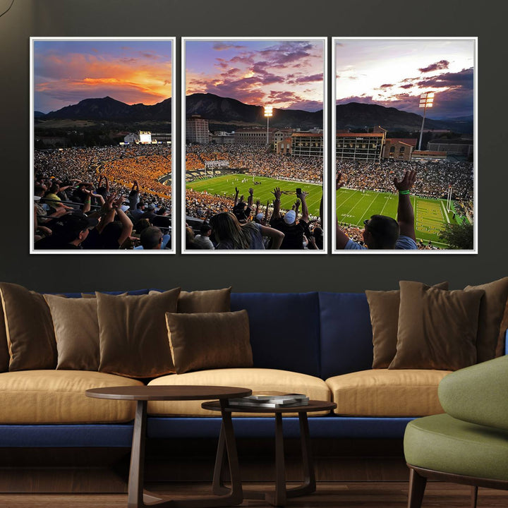 The Folsom Field Stadium Print beautifully captures the Colorado Buffaloes stadium at sunset, set against a stunning mountain backdrop.