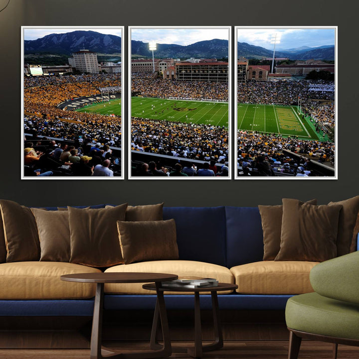 A canvas print captures the Colorado Buffaloes at Folsom Field, framed by mountains in the background.