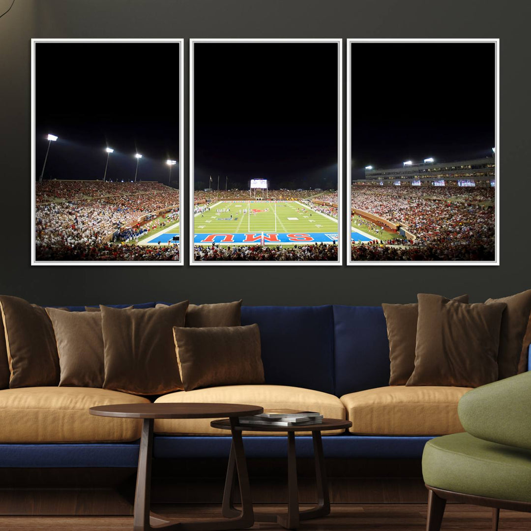 Wide-angle view of a vibrant painting depicting SMU Mustangs Football at Dallas Gerald J. Ford Stadium, capturing the energy and excitement of a filled stadium and brightly lit field.