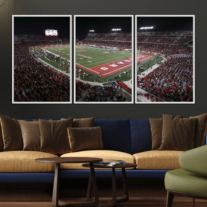 Aerial view of TDECU Stadium at night on the Houston Cougars Football Wall Art Canvas Print.