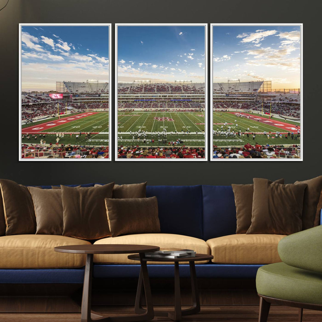 A Houston Cougars print of TDECU Stadium with a game crowd beautifully enhances the living room decor.