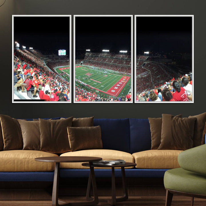 The wall art canvas print features a scene from a packed TDECU Stadium at night, highlighting the field and scoreboard.