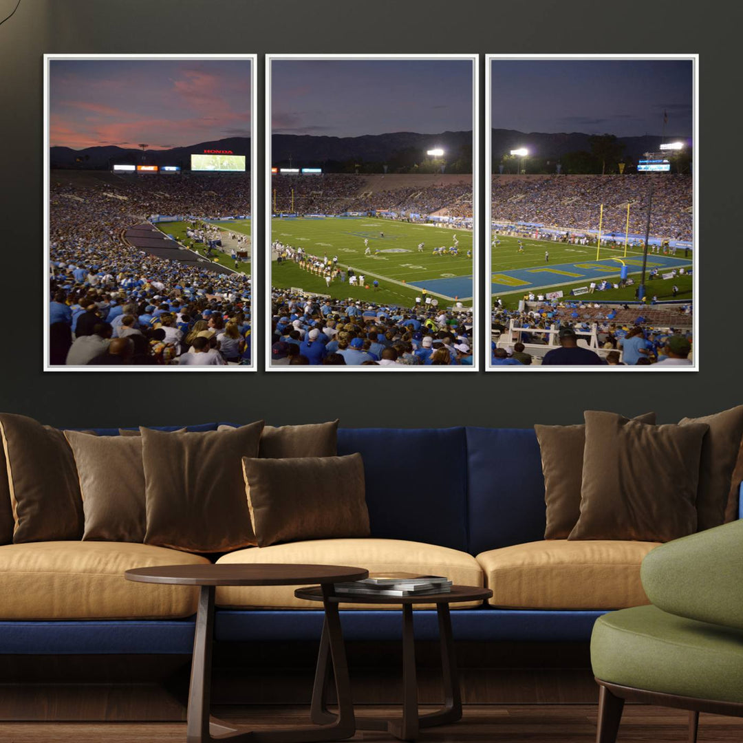 Admire the stunning wall art canvas depicting a UCLA Bruins game with a sunset over the Pasadena Rose Bowl Stadium.