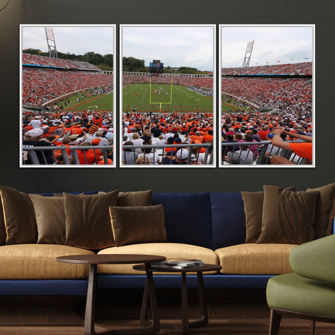 The Virginia Cavaliers Wall Art Canvas Print features a thrilling game at Scott Stadium surrounded by greenery.