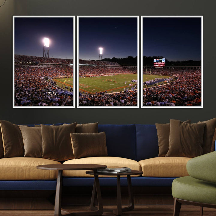 A nighttime game at Scott Stadium, floodlit—a scene from the Virginia Cavaliers Football art print.