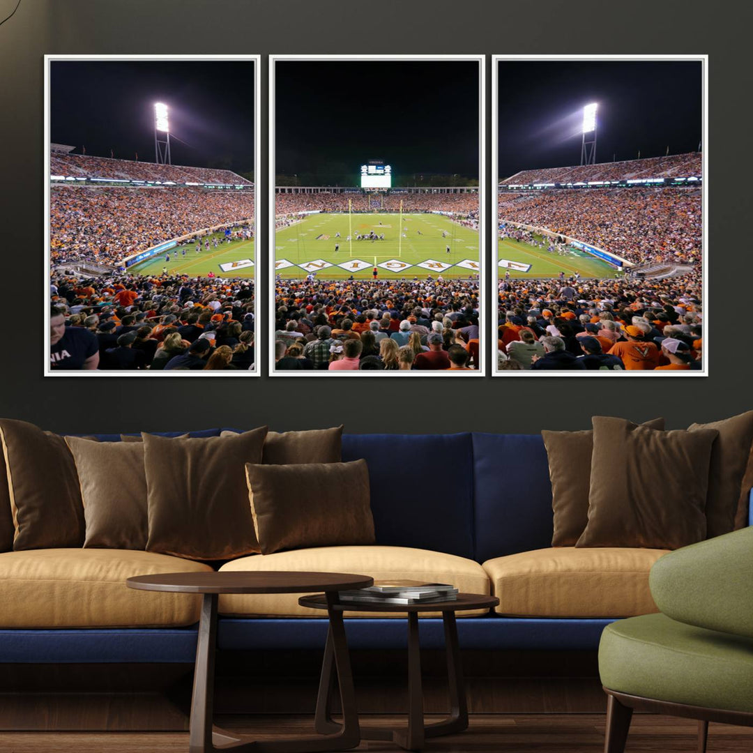 A Virginia Cavaliers Wall Art Canvas Print captures Scott Stadium filled with fans under the night sky.