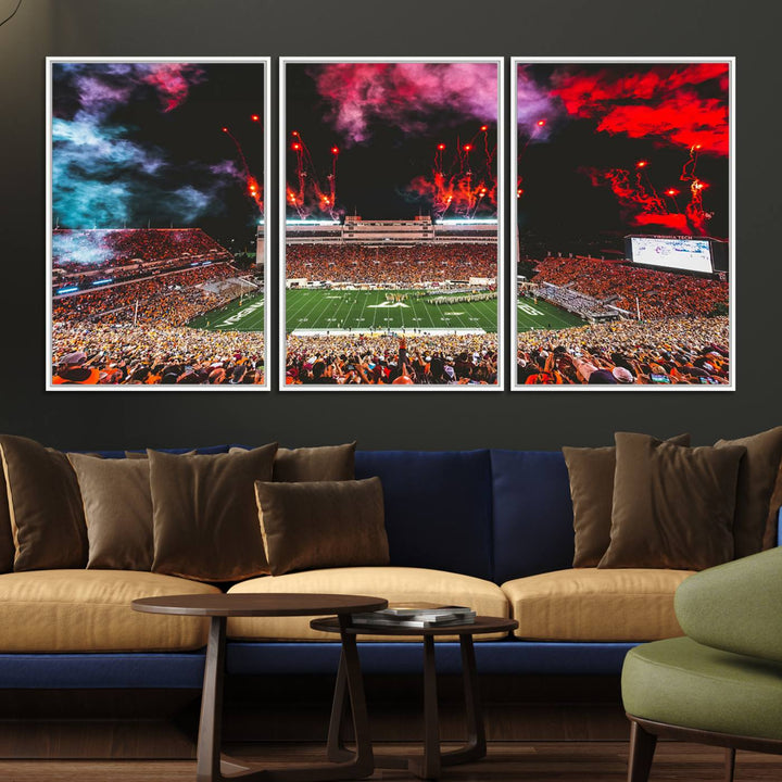 A Hokies football canvas print displays Lane Stadium at night with fireworks.