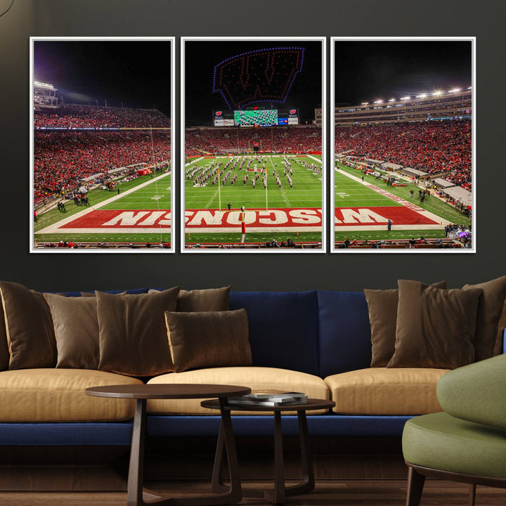 A premium canvas print captures a vibrant scene of Camp Randall Stadium featuring a lively football game with cheering fans and the energetic movements of the band.