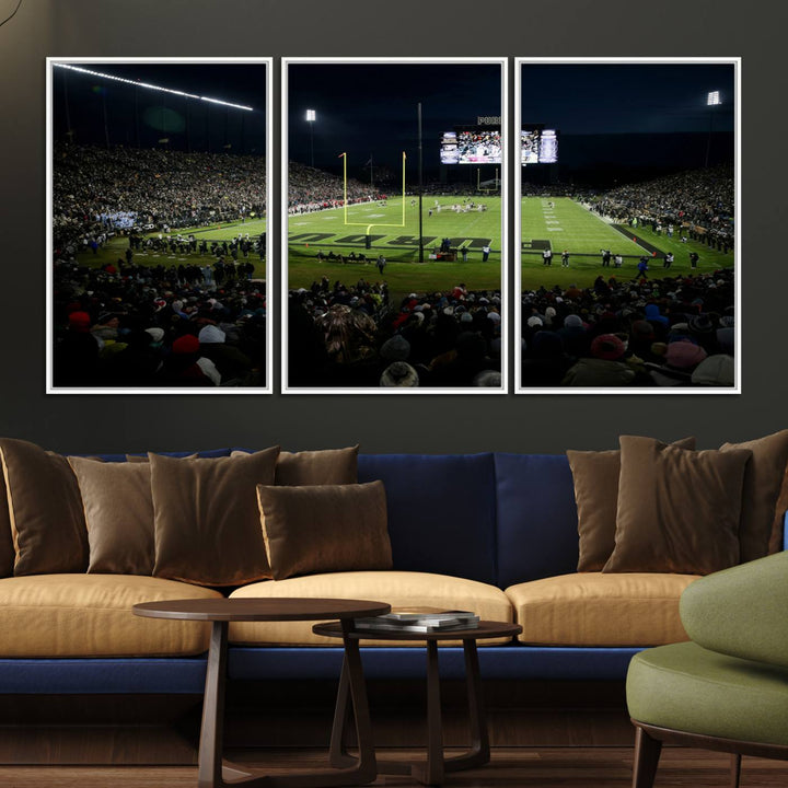 A Purdue Boilermakers canvas print beautifully showcases Ross–Ade Stadium in West Lafayette, vibrant with fans and a large screen display.