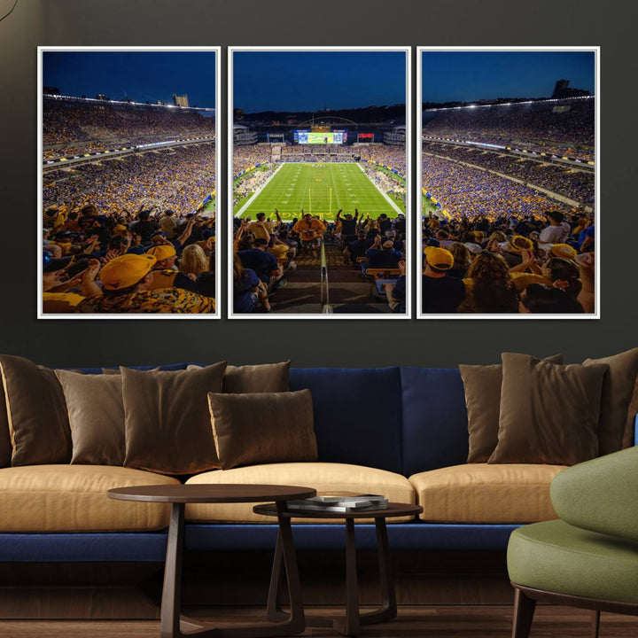 A Pittsburgh Panthers Acrisure Stadium canvas print captures the thrill of a packed stadium under lights and fans cheering.