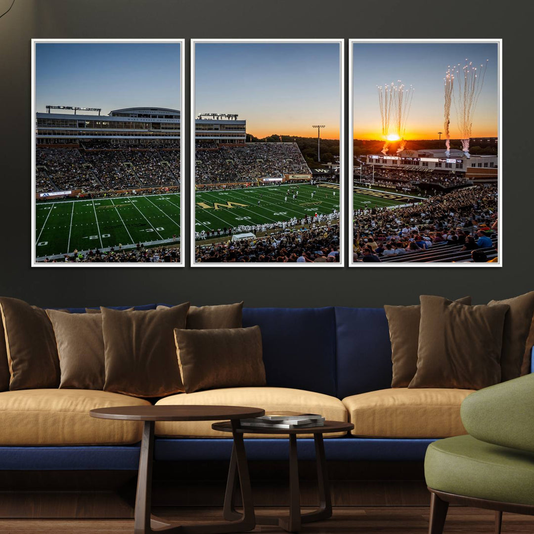 Canvas wall art print depicting the Demon Deacons football stadium at sunset with fireworks.