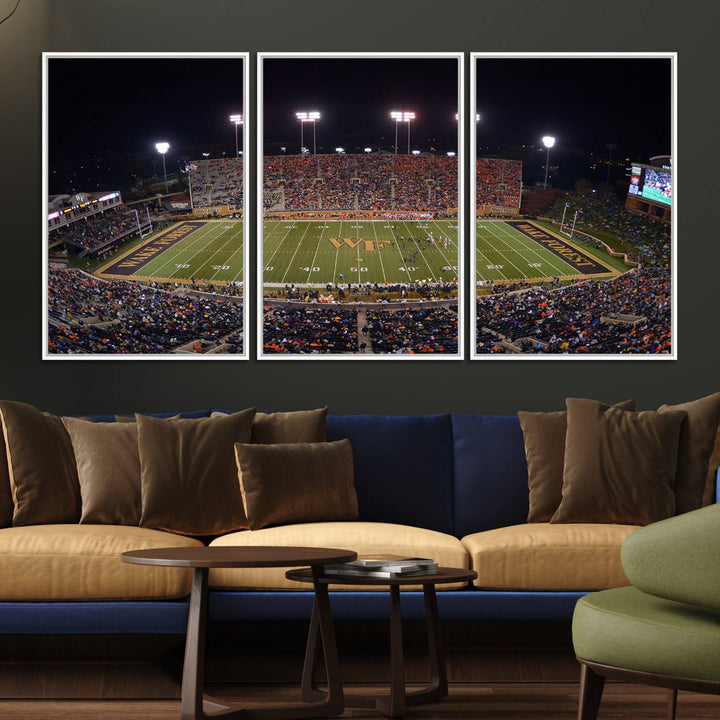 The Demon Deacons stadium print captures a brightly lit, bustling scene on museum-quality canvas.