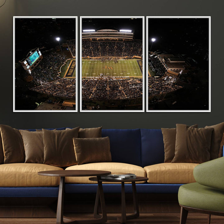 Canvas wall art displays an aerial view of Wake Forest Demon Deacons stadium at night.