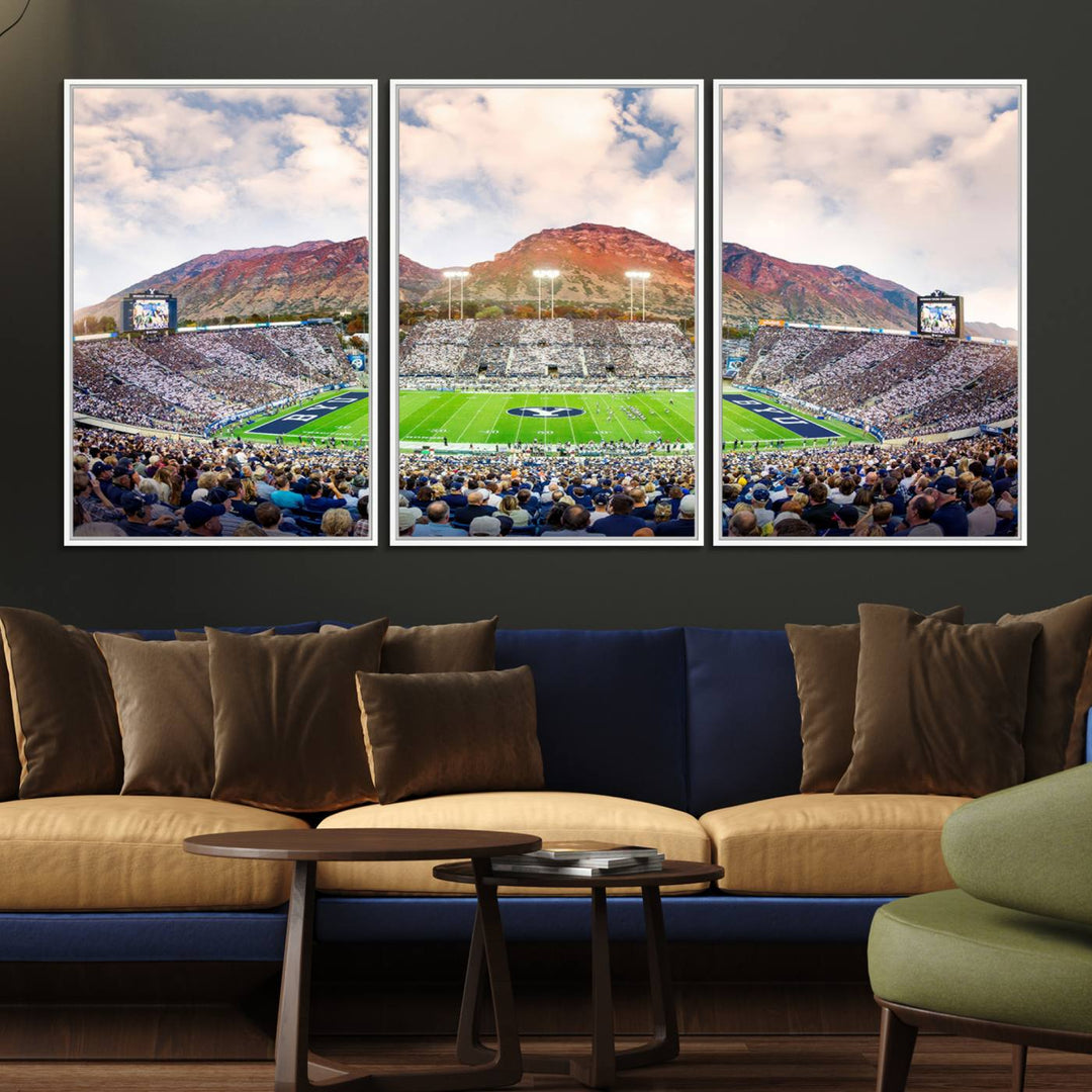 A museum-quality canvas featuring BYU Cougars Football at LaVell Edwards Stadium with a stunning mountain view.