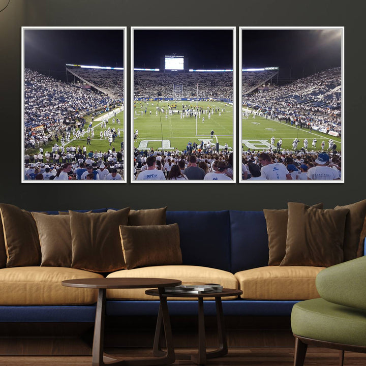 The wall art is a premium canvas of LaVell Edwards Stadium, offering a gallery-quality finish that showcases BYU Cougars pride.