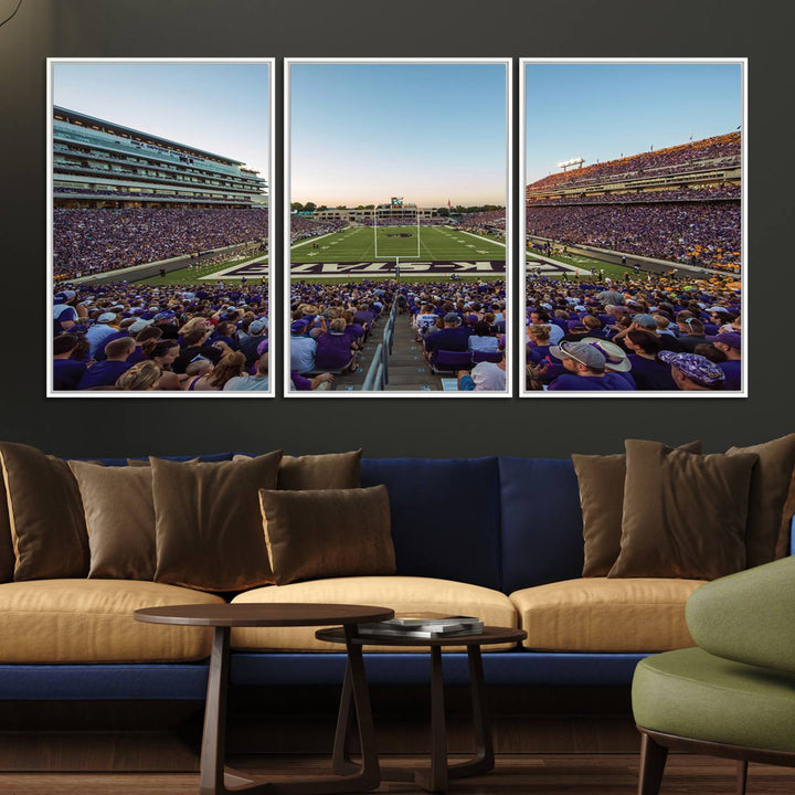 Sunset view of fans in purple at Bill Snyder Family Stadium, captured in a stunning gallery wall art canvas, perfect for a modern living room or office.