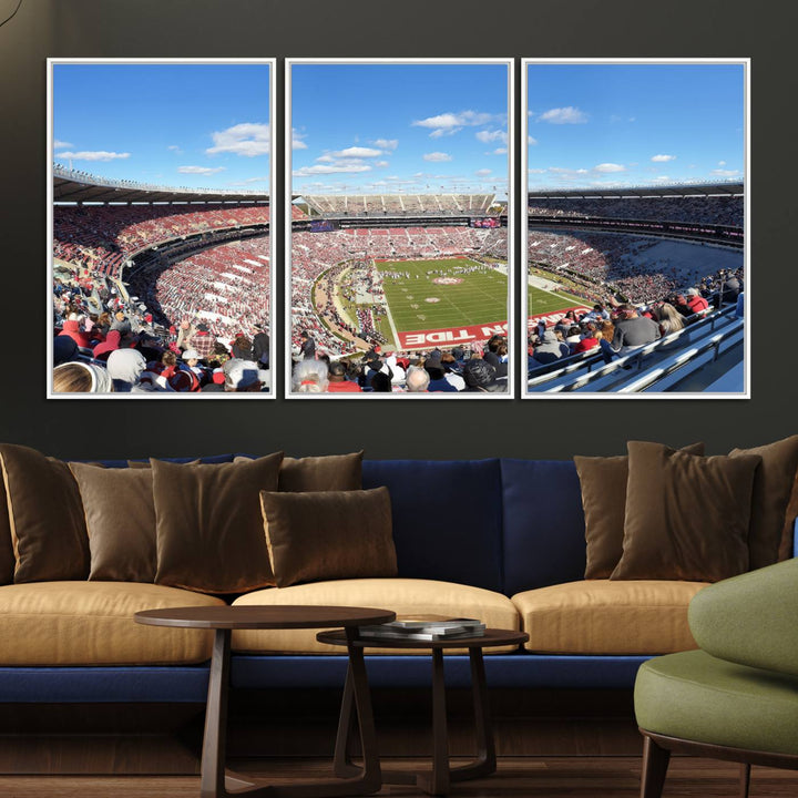 Canvas print of Alabama Crimson Tides Bryant-Denny Stadium, showcasing a sunlit field under a blue sky.