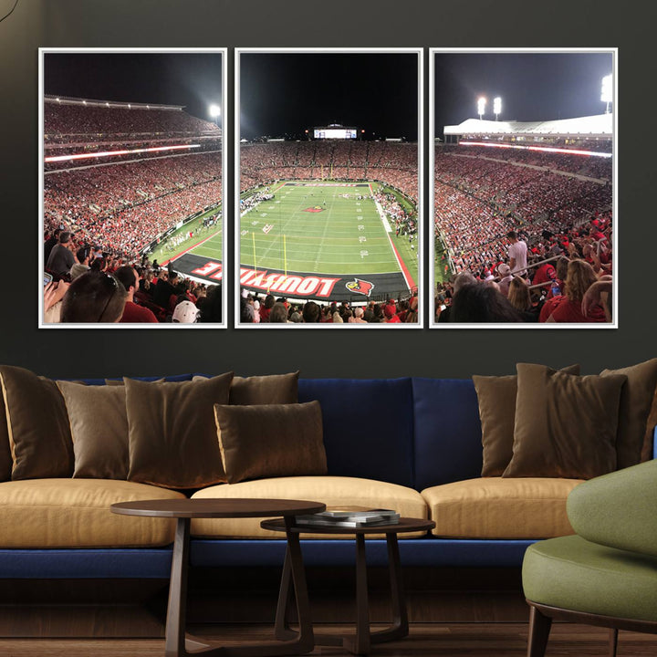 Panoramic view of a crowded football stadium with Louisville in the end zone, crafted as University of Louisville wall art.