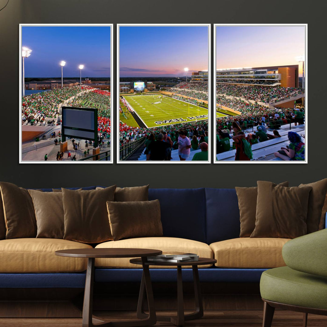 Aerial view of University of North Texas DATCU Stadium at sunset on canvas, showcasing a colorful sky.