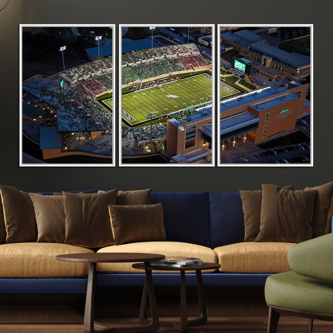 Night aerial view of fans at UNT Mean Green game captured on premium DATCU Stadium canvas wall art print.