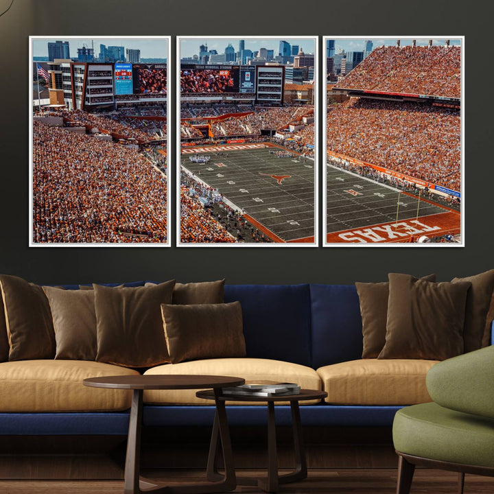 A premium canvas wall art featuring the University of Texas Longhorns stadium, showcasing a vibrant sea of orange.