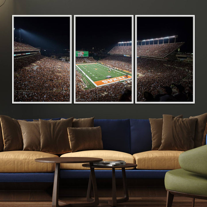 A football game at a packed stadium is captured on the University of Texas Longhorns Stadium Canvas Print.
