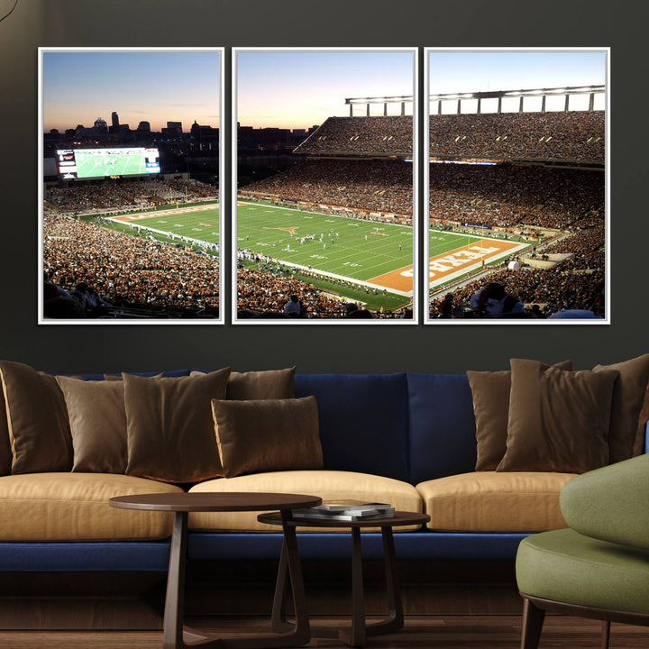 The Evening Game canvas art captures a glowing sunset and skyline at Texas Longhorns Darrell K Royal Stadium.