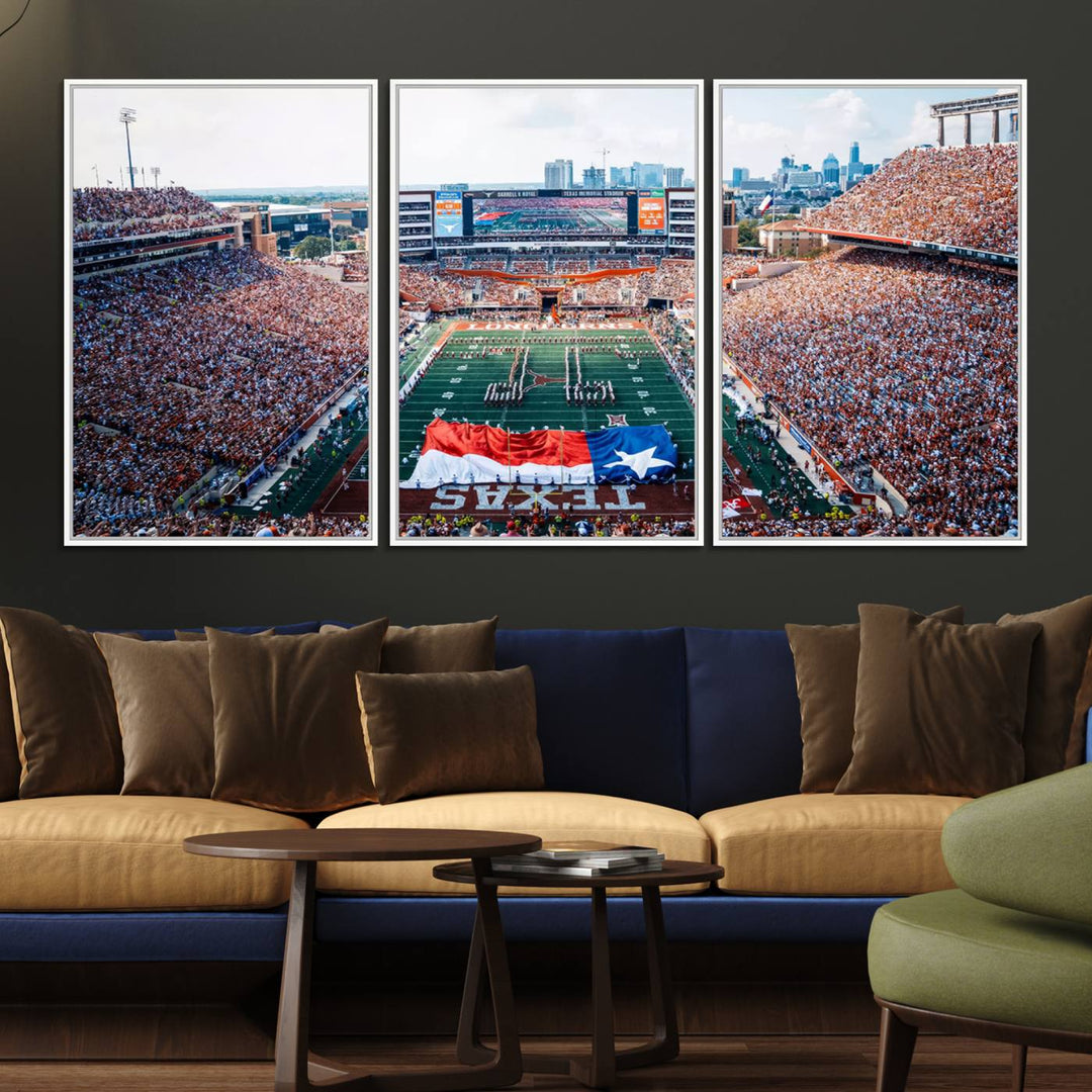 University of Texas Longhorns canvas: A premium print depicting Darrell K Royal-Texas Memorial Stadium with the city skyline and Texas flag.