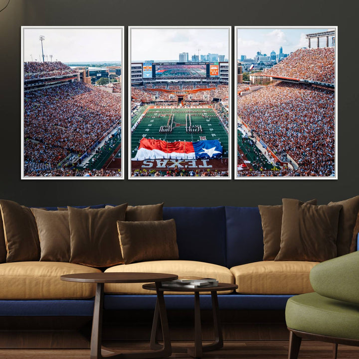 University of Texas Longhorns canvas: A premium print depicting Darrell K Royal-Texas Memorial Stadium with the city skyline and Texas flag.