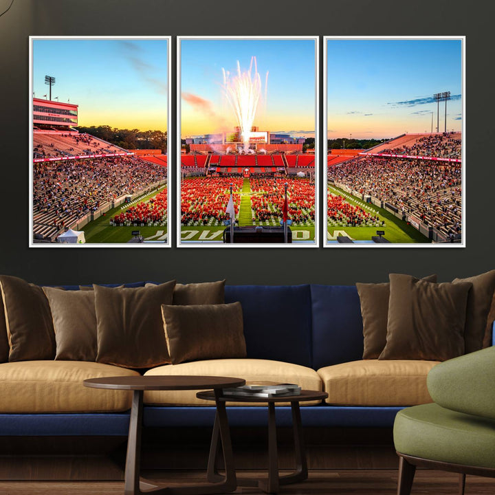 A vibrant North Carolina State University Wolfpack print, capturing a people-filled stadium, fireworks, and a sunset—perfect for your living room wall.