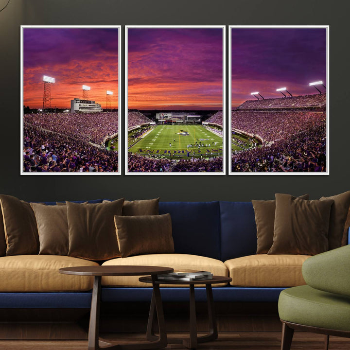 A sunset over Dowdy-Ficklen Stadium, Greenville, captured on museum quality canvas with vibrant purple and orange skies.