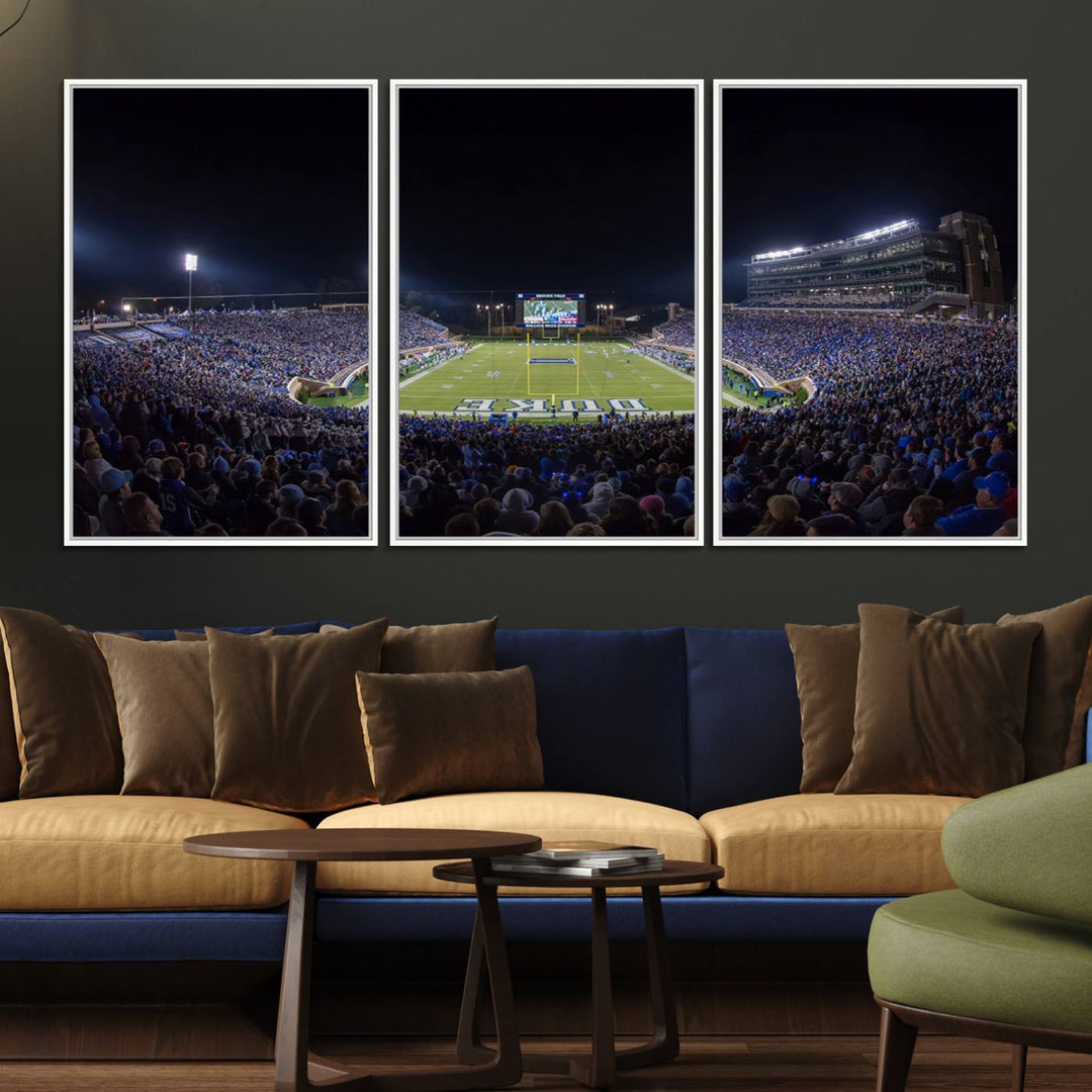 Under bright lights at night, the Duke Blue Devils Football Team Durham canvas wall art print is prominently displayed.